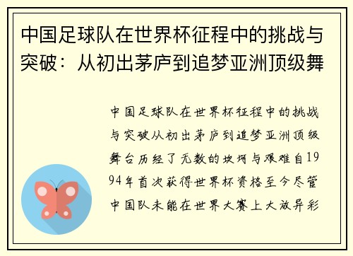 中国足球队在世界杯征程中的挑战与突破：从初出茅庐到追梦亚洲顶级舞台