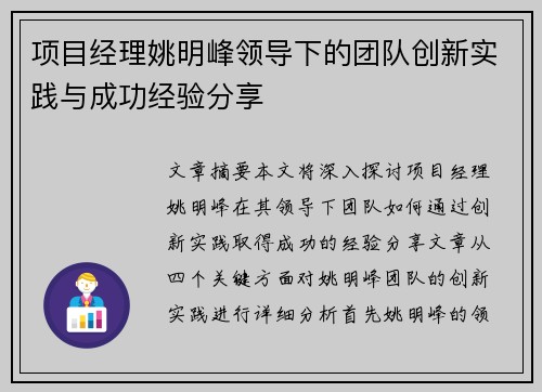 项目经理姚明峰领导下的团队创新实践与成功经验分享